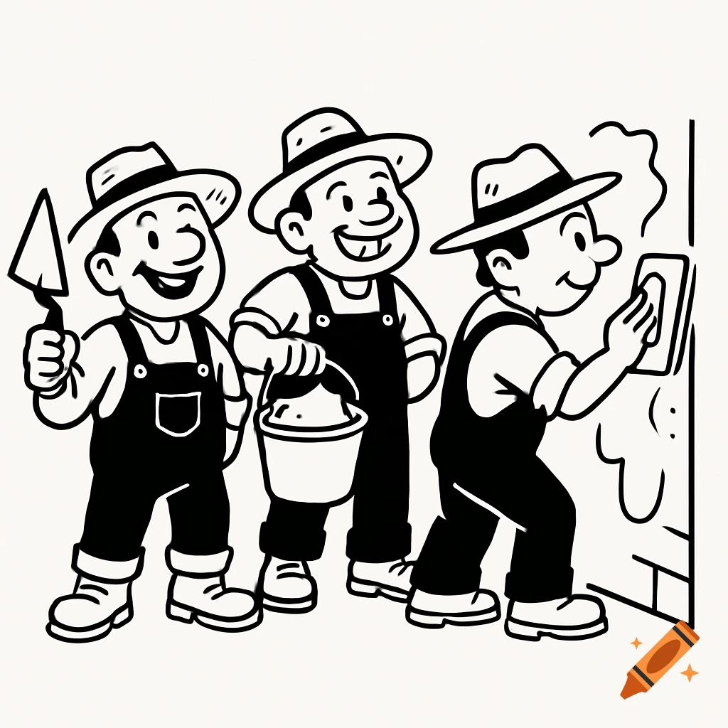Cartoon black and white line art logo of three goofy hillbillies in overalls and hats, doing plaster work with a trowel, bucket, and smoothing a wall.