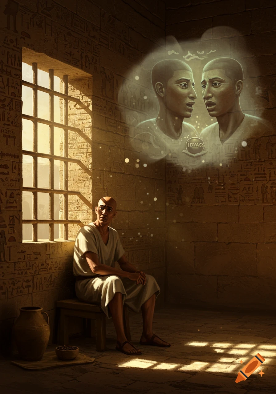 A man in ancient Egyptian prison garb sits in a sunlit cell, looking up at a ghostly vision of two other men speaking.