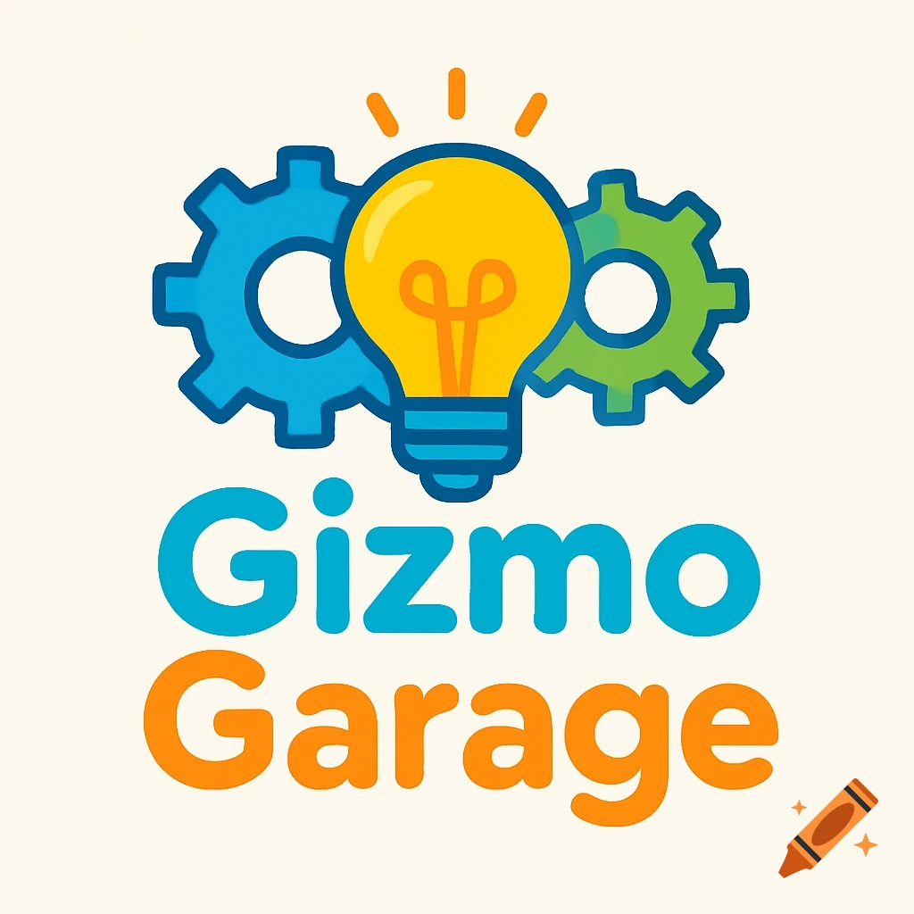 A colorful logo with a yellow light bulb, a blue gear, and a green gear. Below them, the text reads "Gizmo Garage" in blue and orange.