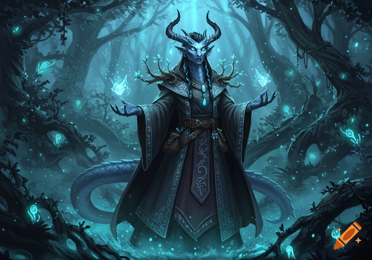 A blue-skinned, horned dragon-born sorceress in a dark robe stands in an ethereal glowing forest, conjuring magic.