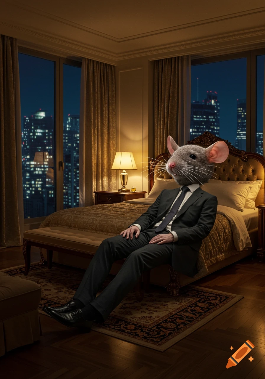 Photorealistic image of a mouse-headed person in a suit sitting on a bench in a luxury hotel bedroom at night.