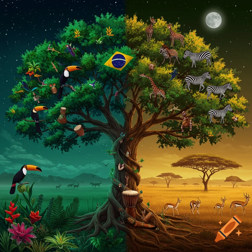 A vibrant, symbolic tree, half lush Brazilian jungle at night with toucans and flag, half African savanna at sunset with zebras and giraffes.