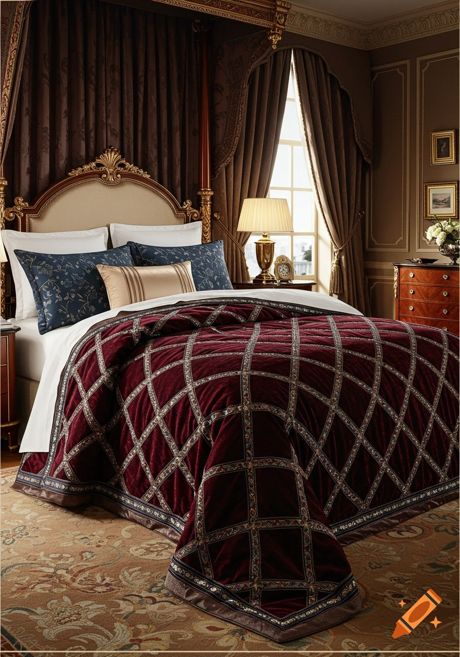 A luxurious bedroom featuring an ornate gold bed with a deep red quilted bedspread, elegant brown curtains, and a patterned rug.