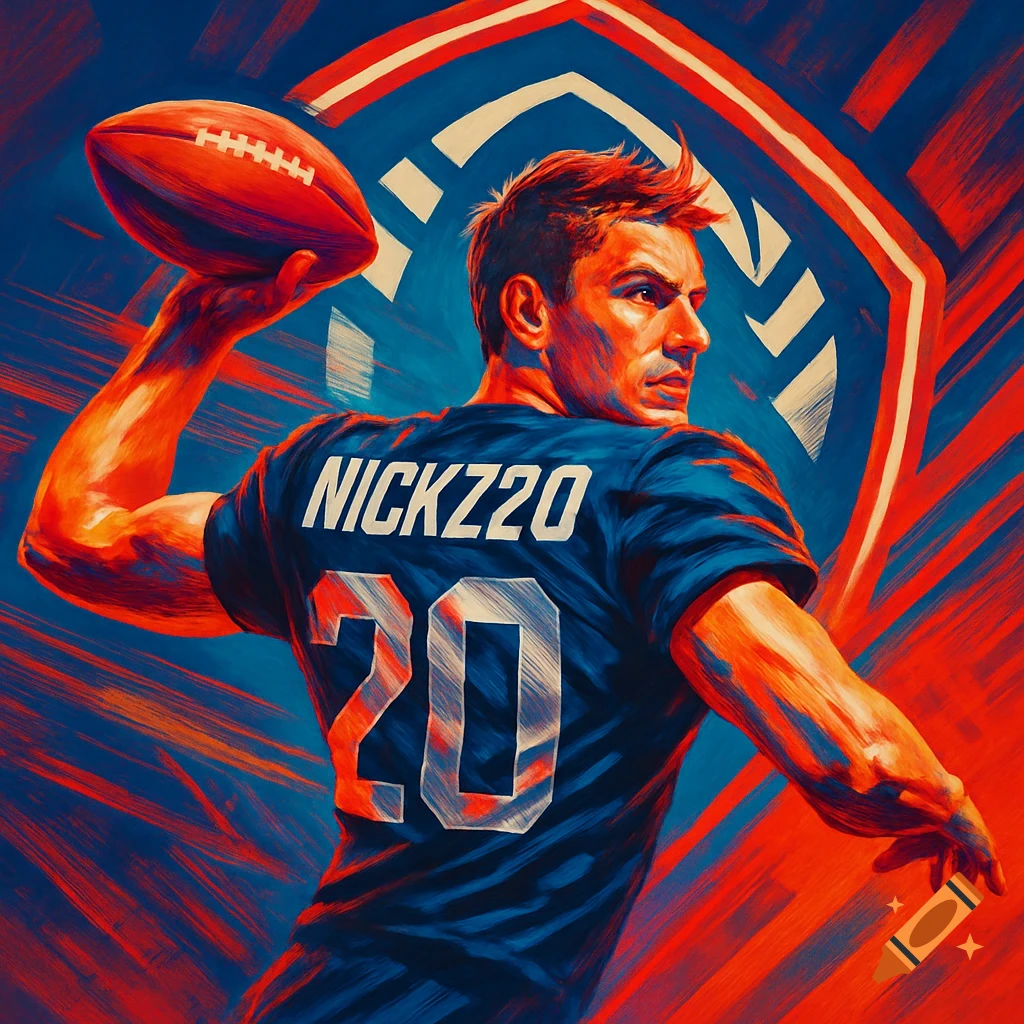 A stylized digital art image of an American football player in a blue jersey with 'NICKZ20' and '20' on the back, preparing to throw a football.