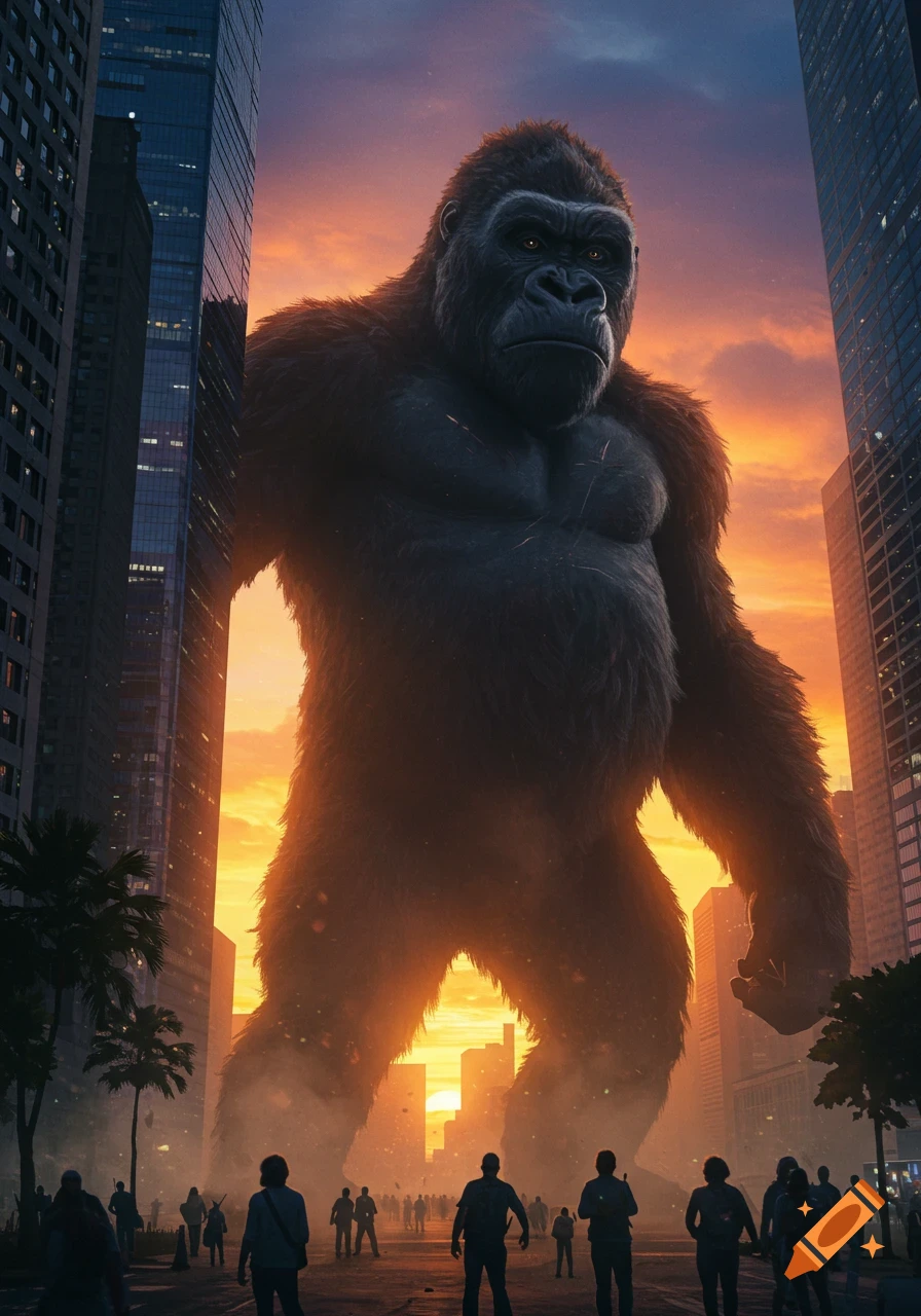 Giant gorilla in a city street at sunset, towering over buildings with tiny people looking up, photorealistic style.