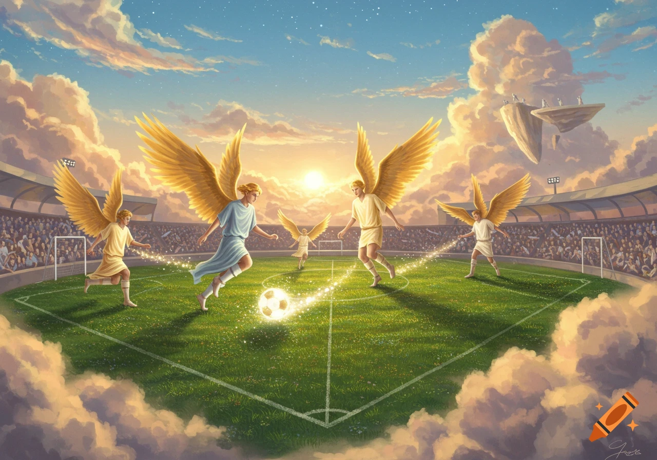 Angels play football on a lush green field in a stadium floating above clouds, illuminated by a sunset sky.
