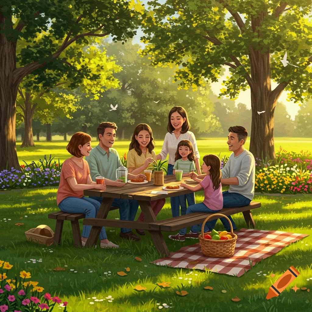 A happy family enjoys a sunny picnic in a vibrant, green park with lush trees and colorful flowers, in an illustrated style.