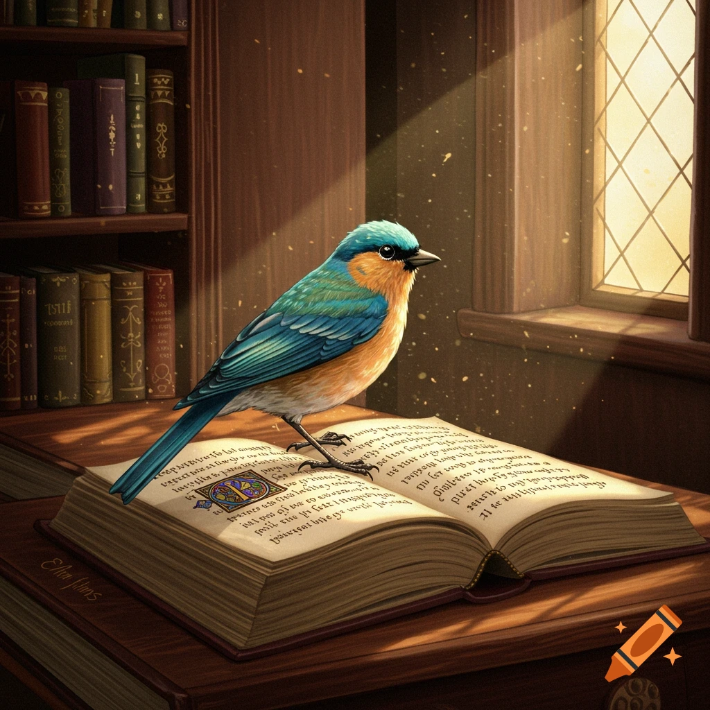 A blue and orange bird stands on an open book in a sunlit library.