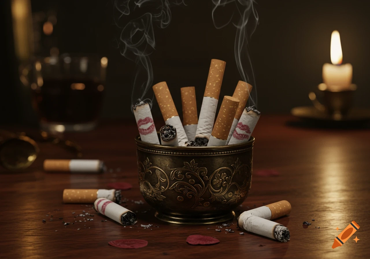 Ornate bronze ashtray filled with smoking cigarettes, some bearing red lipstick marks, on a dark wooden table with a lit candle and a drink in the background.