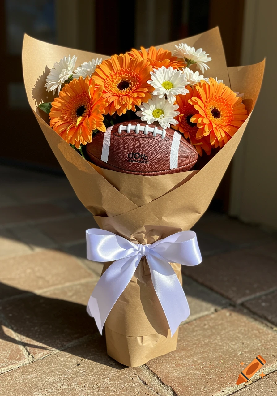 A photorealistic image of a bouquet with orange and white flowers, a football, brown paper wrapping, and a white bow.