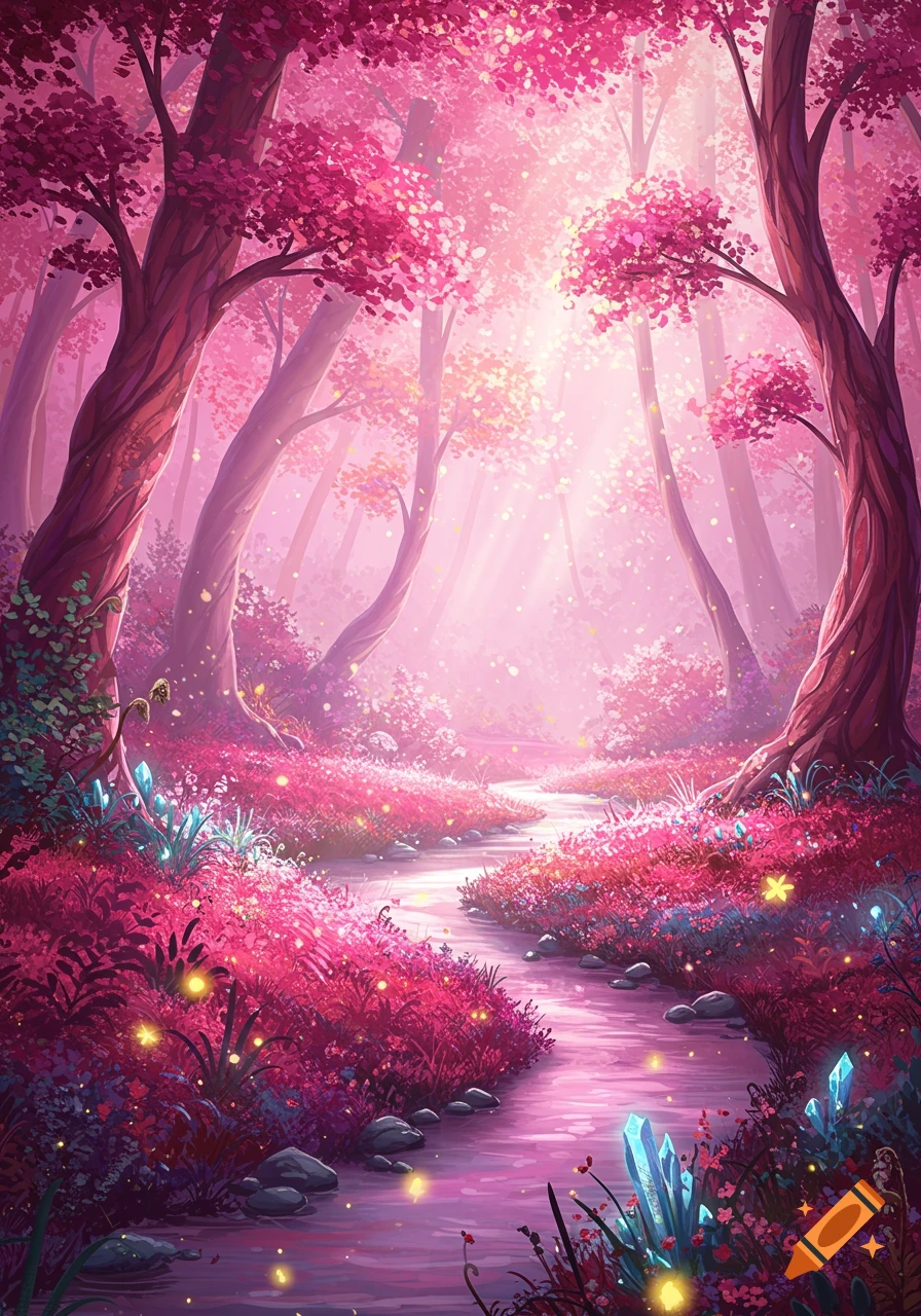 A vibrant digital art fantasy forest with pink trees, a winding stream, sparkling lights, and luminous crystals.