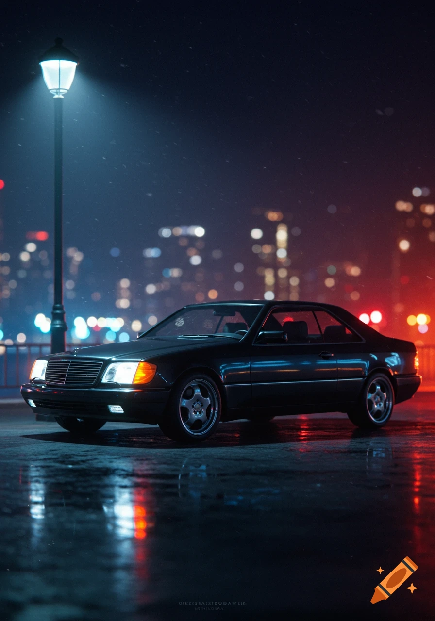 Dark Mercedes-Benz coupe on a wet city street at night, illuminated by a streetlamp with blurred, colorful city lights in the background.