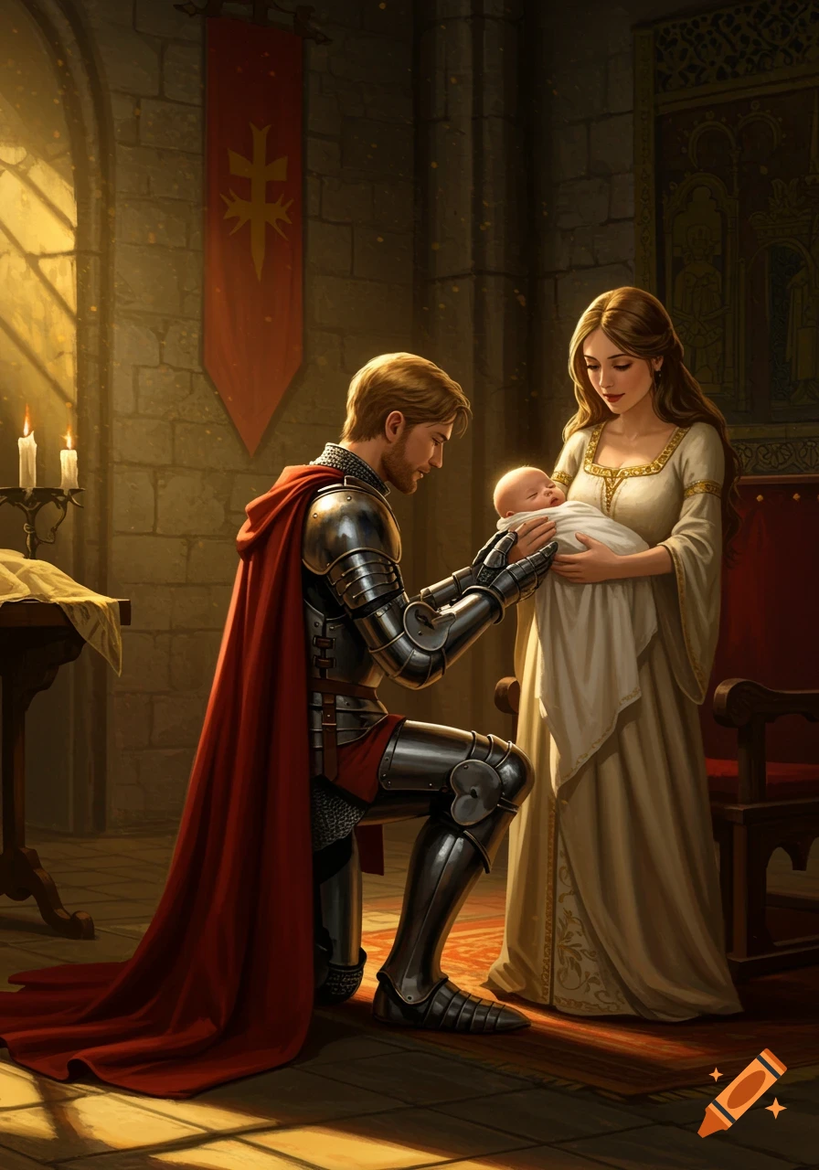 A knight in armor kneels before a woman holding a baby in a medieval castle hall, sunlight streaming through a window.