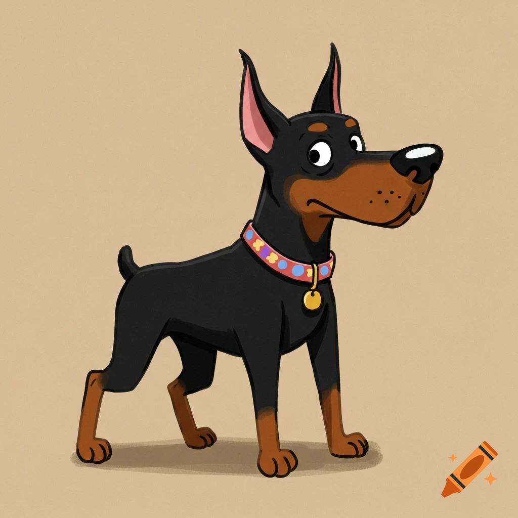 A cartoon doberman dog with black and tan fur, a pink patterned collar, and a gold tag stands against a tan background.