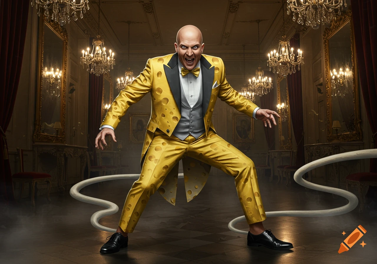 A bald man in a yellow cheese-patterned tuxedo with an evil expression poses dramatically in a grand ballroom.