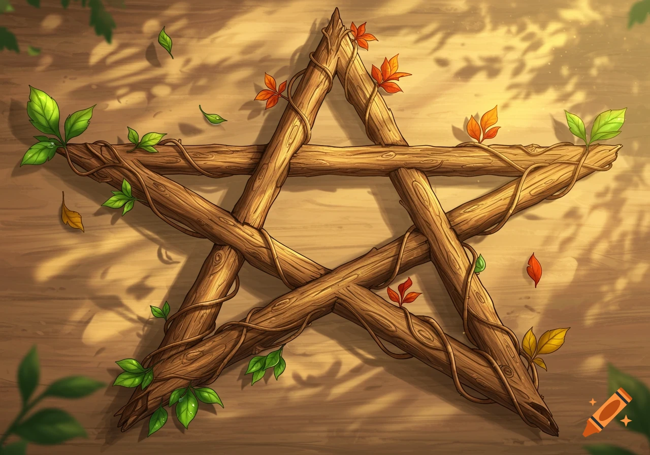A wooden pentacle adorned with green and autumn leaves lies on a textured wooden surface, dappled with sunlight.