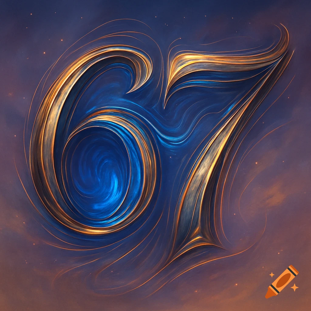 Stylized number 67 in metallic blue and gold swirls against a cosmic background.