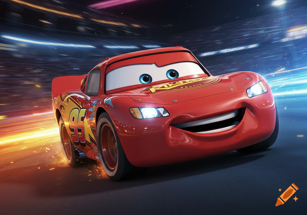 Lightning McQueen, a red animated race car with big blue eyes, speeds on a track with motion blur.