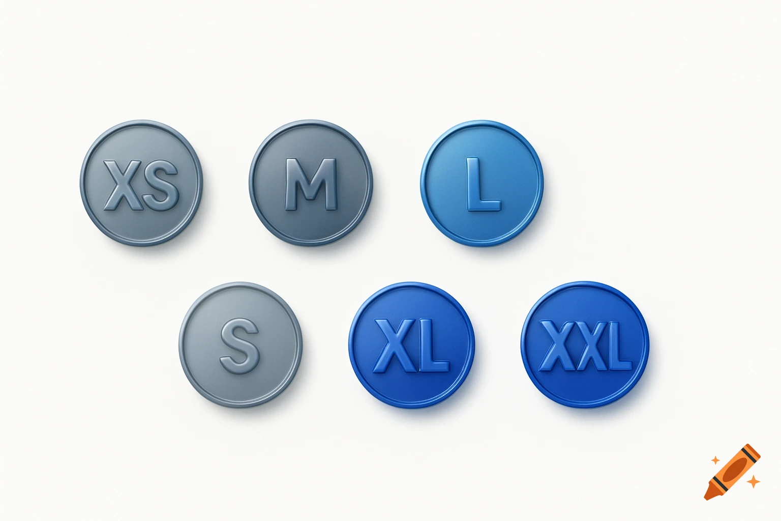 Six circular icons displaying clothing sizes XS, S, M, L, XL, XXL in grey and blue on a white background.