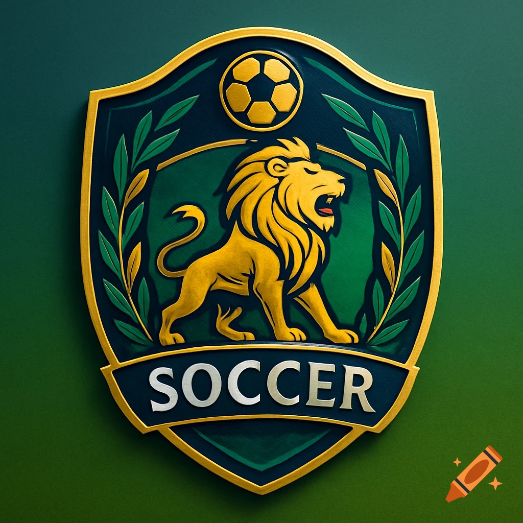 A gold and green shield-shaped soccer badge featuring a roaring golden lion, a soccer ball, and the word SOCCER.