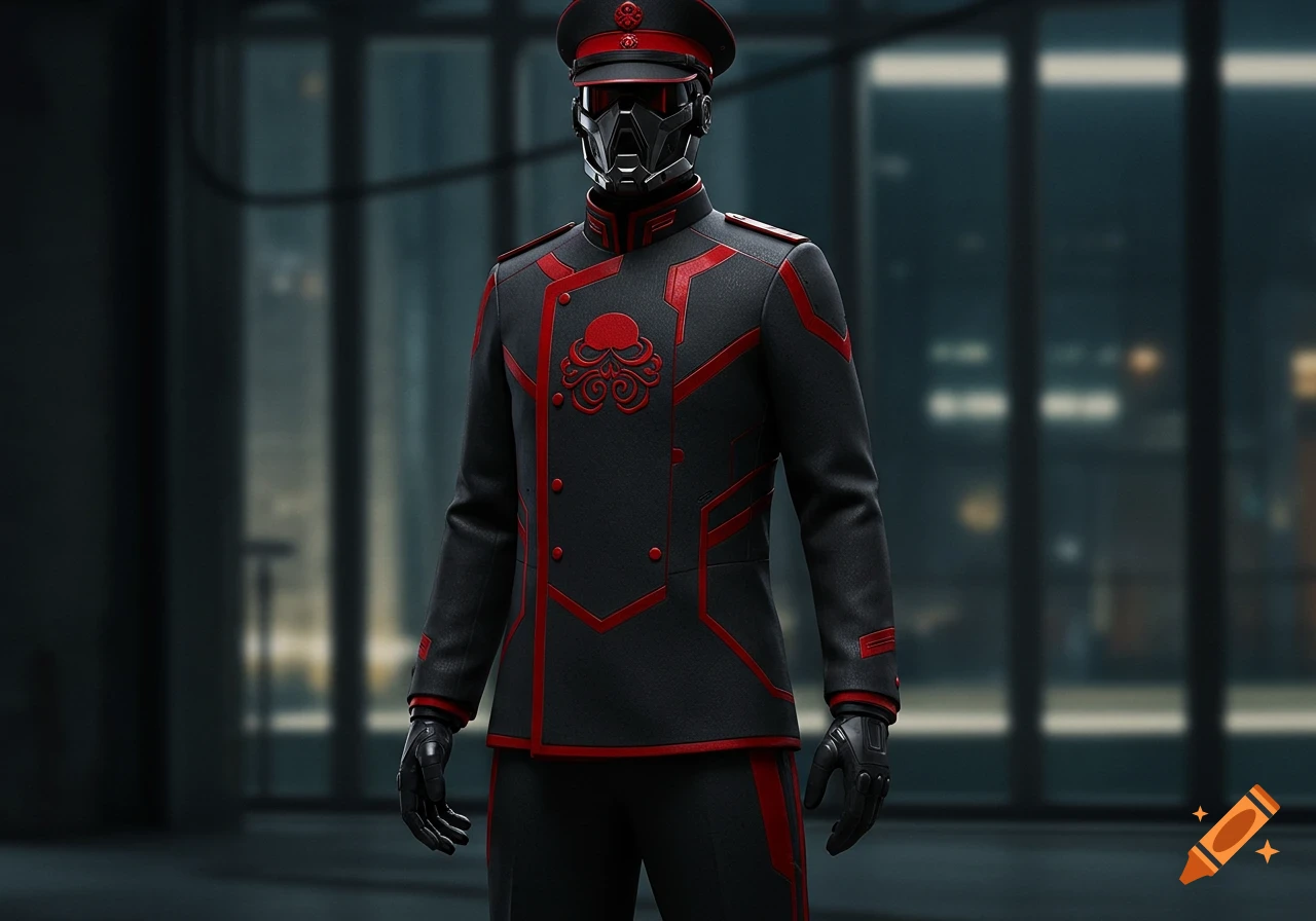 A masked figure in a black and red futuristic military-style uniform with an octopus-like symbol on the chest and a field cap.