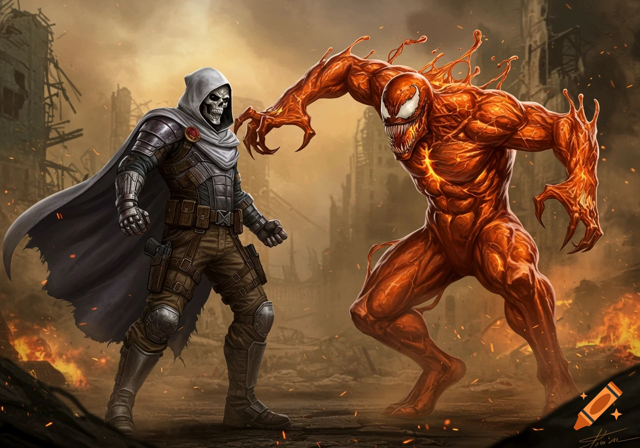 Taskmaster faces an aggressive orange venom symbiote in a fiery, ruined city. Detailed comic art style.