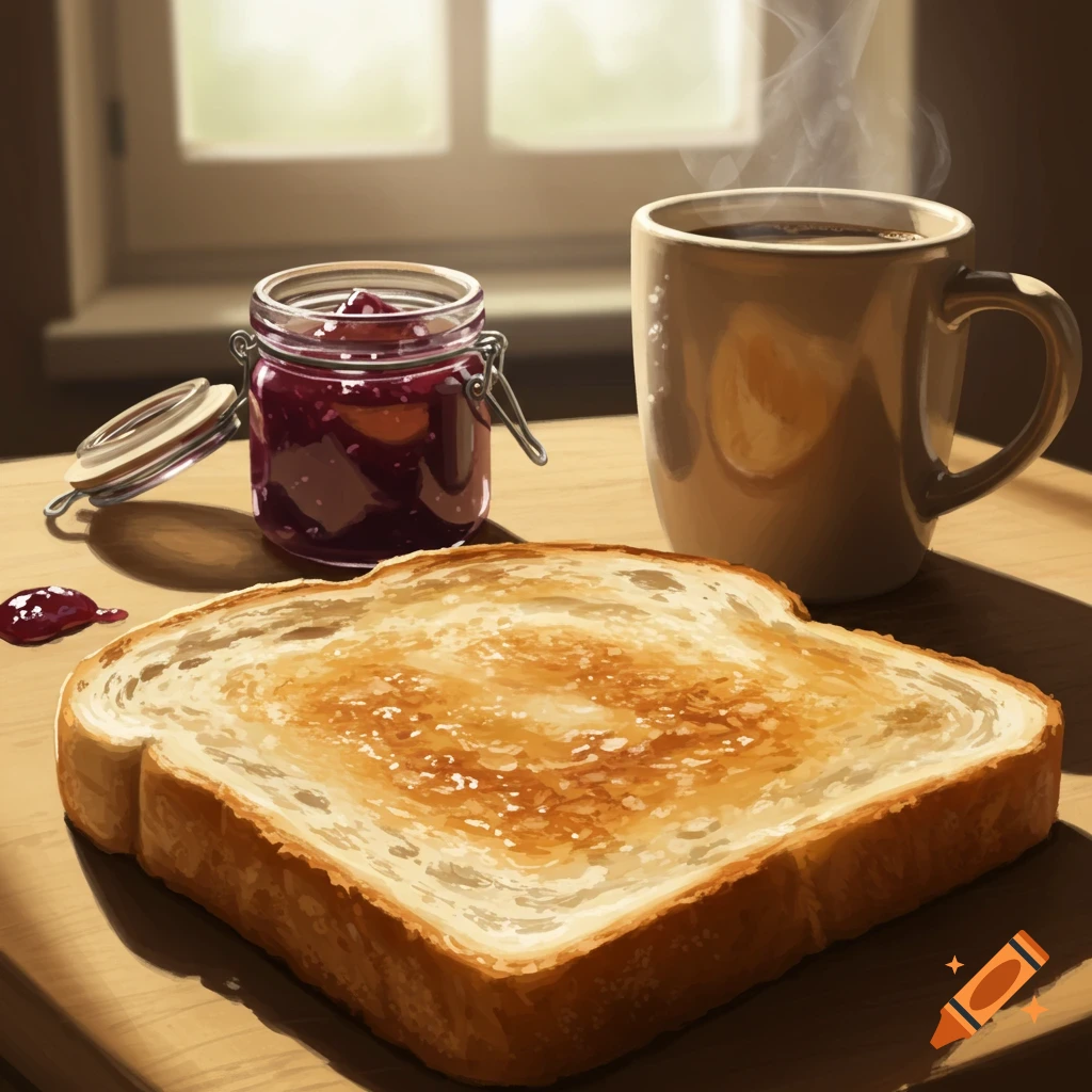 A photorealistic still life of a slice of golden toast, a jar of berry jam, and a steaming coffee mug on a wooden table near a window.