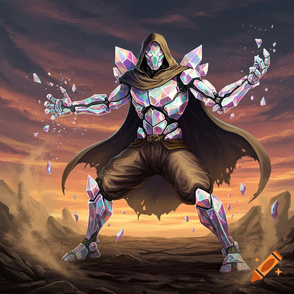 A powerful hooded crystal warrior stands in a barren landscape, with shards of light emanating from its hands against a sunset sky.
