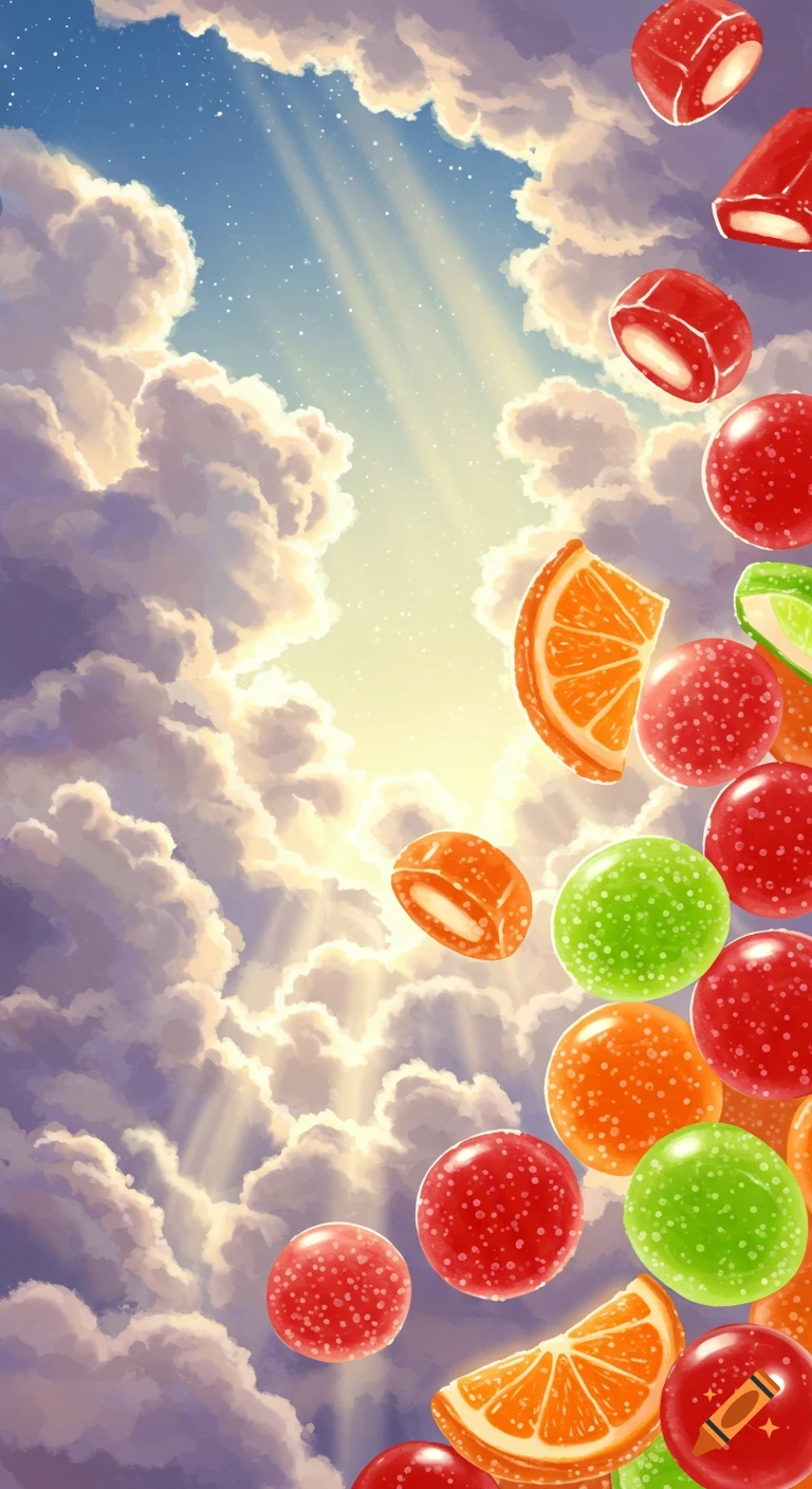 Colorful candies and orange slices float among bright, fluffy clouds with sun rays in a blue sky.
