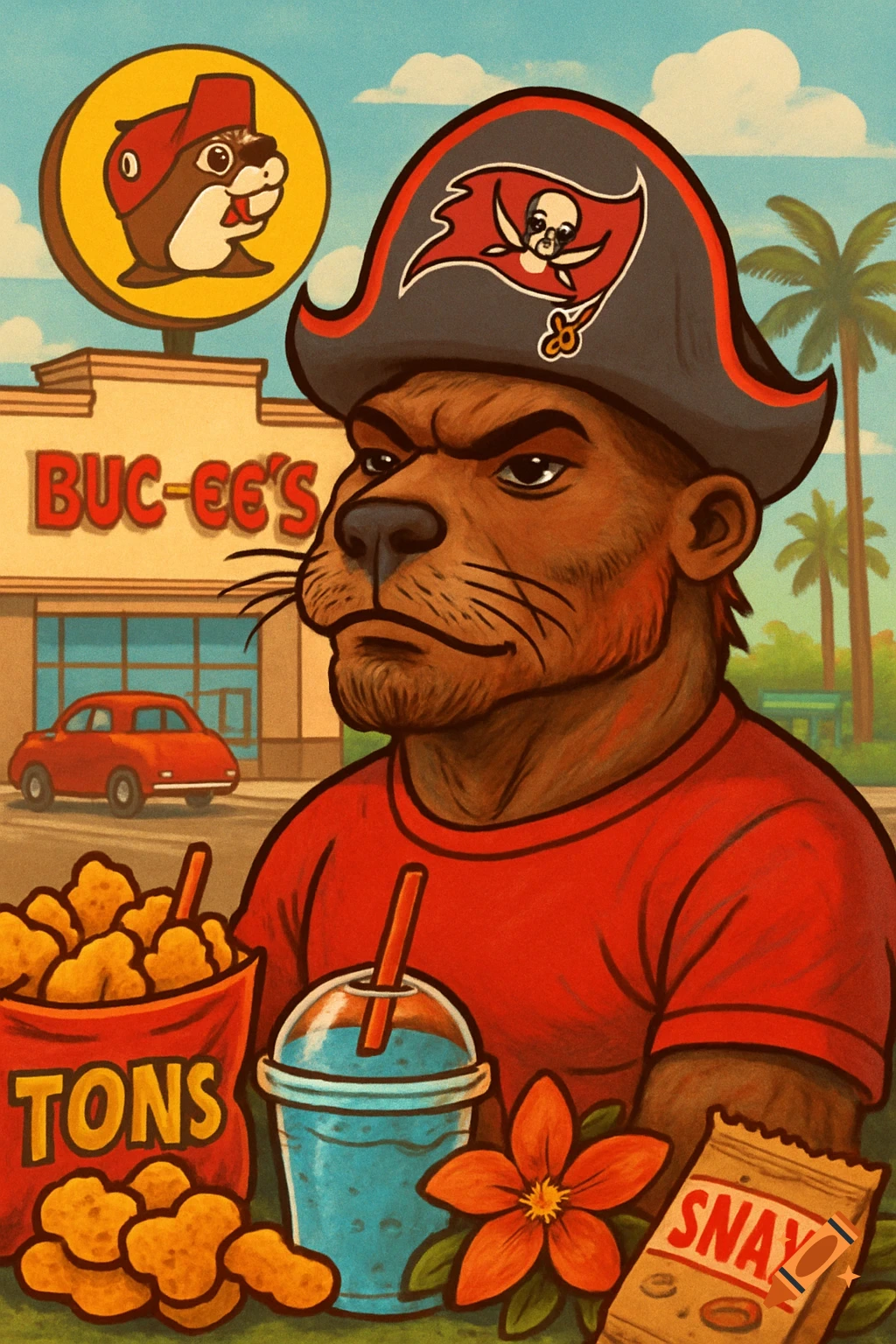 An anthropomorphic beaver with a pirate hat featuring the Tampa Bay Buccaneers logo, standing in front of a Buc-ee's store, with snacks and a drink.