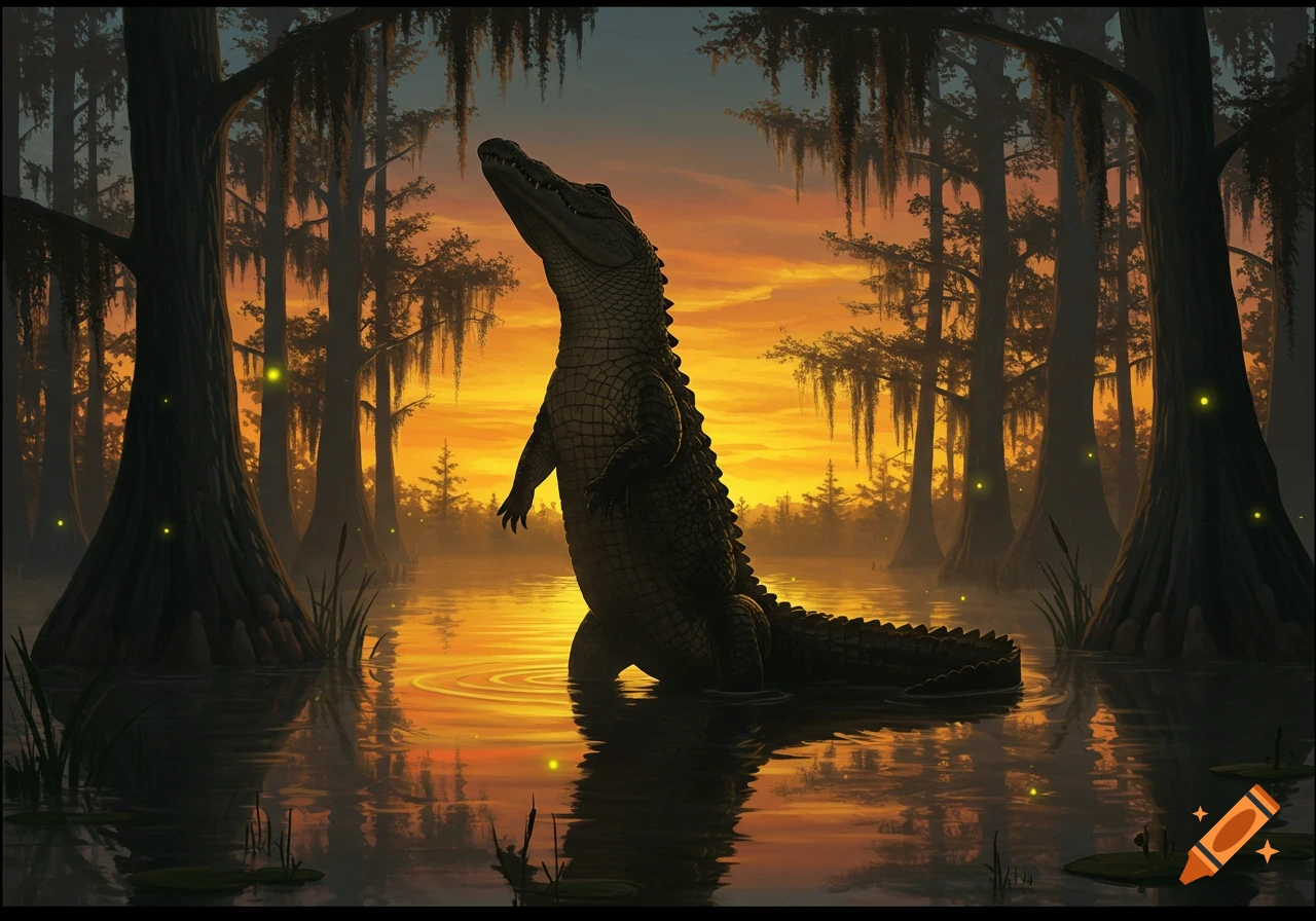 A detailed art image of an alligator standing upright in a swamp at sunset, with cypress trees and glowing lights.
