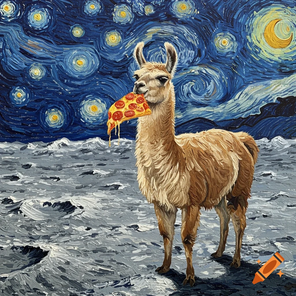 A Van Gogh style painting of a llama standing on the moon eating a slice of pepperoni pizza under a starry night sky.