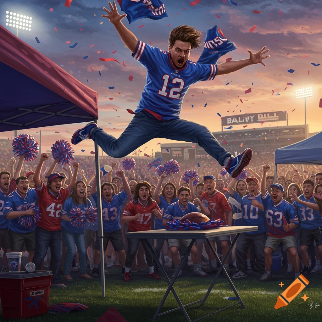 An energetic football fan in a blue jersey with number 12 jumps over a table filled with confetti, cheered on by a large crowd at a stadium tailgate party at sunset.