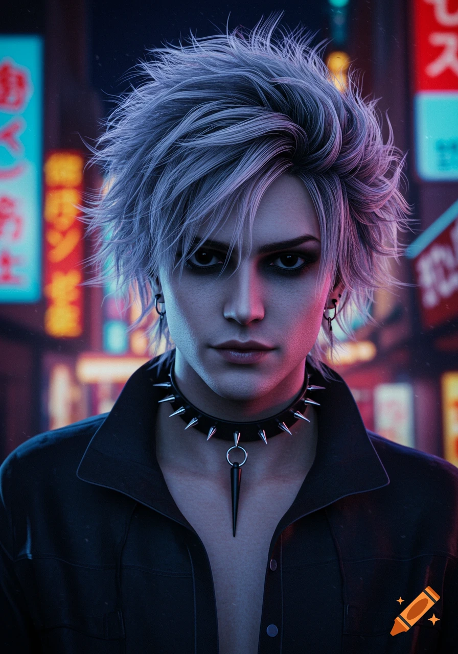 A young man with white messy hair, dark makeup, and a spiked choker in a neon-lit Japanese city scene. Photorealistic style.