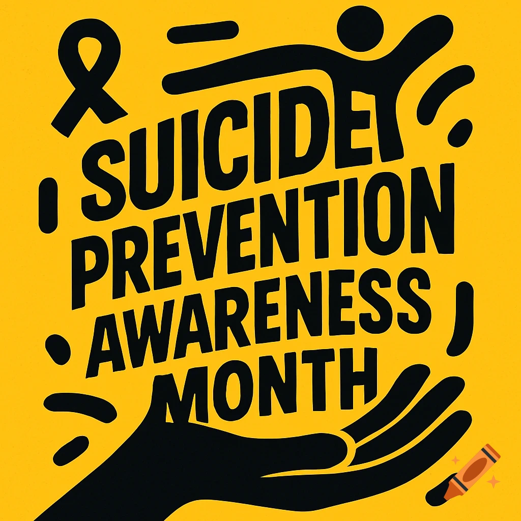 Yellow and black graphic sign with text 'SUICIDE PREVENTION AWARENESS MONTH' and silhouette illustrations of a ribbon, a person, and hands.
