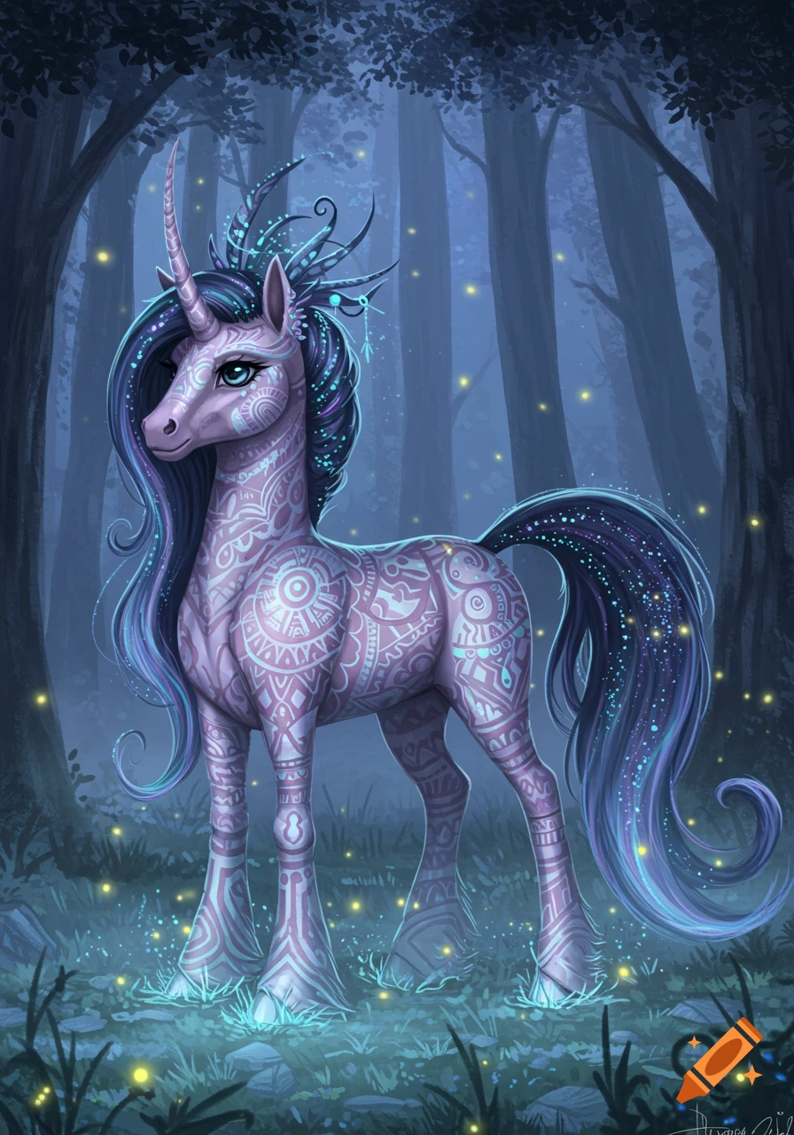 A stylized purple unicorn with glowing patterns stands in a dark, magical forest with blue trees and fireflies. Digital art.