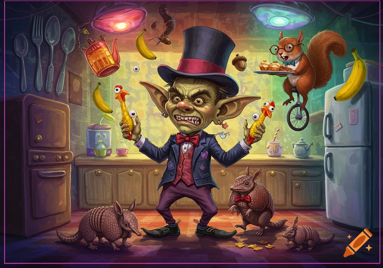 A grumpy, green-skinned goblin in a top hat holds rubber chickens in a chaotic kitchen with floating bananas, a unicycling squirrel, and armadillos.