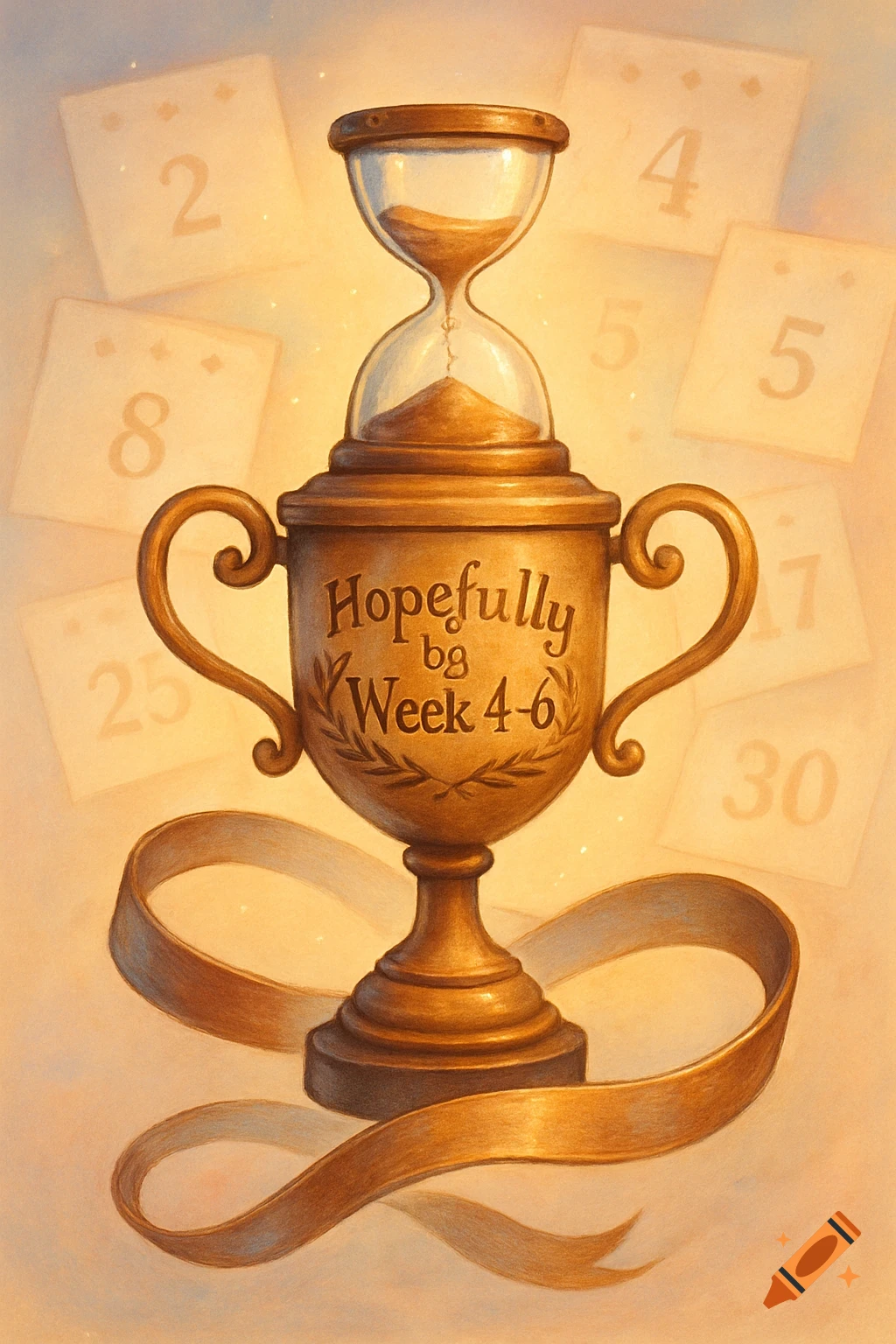 Golden trophy with an hourglass and 'Hopefully by Week 4-6' text, surrounded by calendar pages, in an illustrative style.