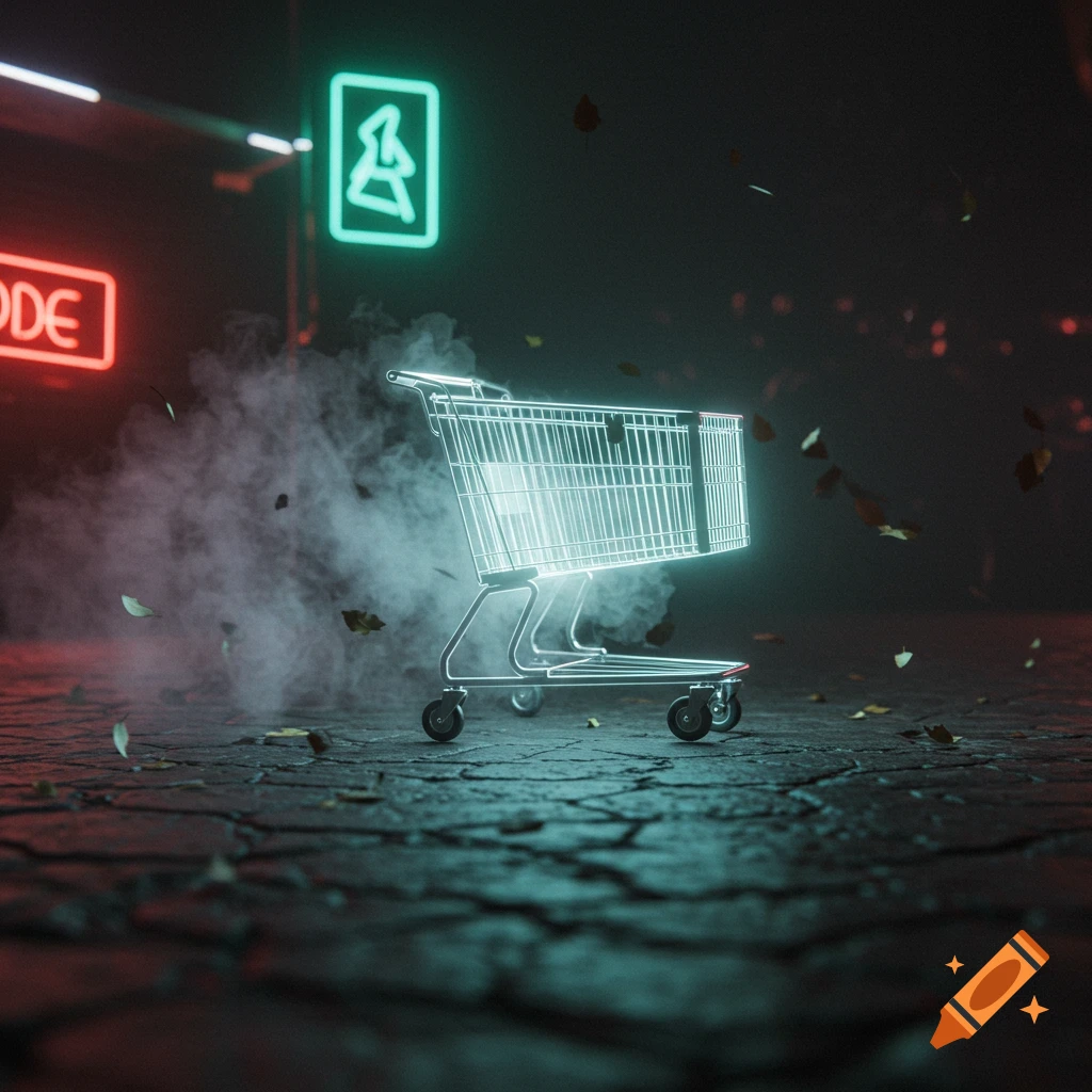 A glowing, ethereal shopping cart stands on cracked pavement amidst smoke and fallen leaves, under neon signs in a dark, atmospheric urban setting.