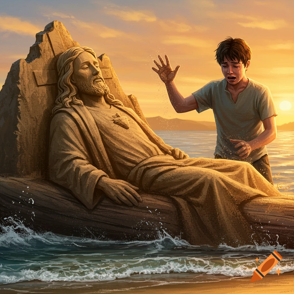 Realistic illustration of a sand sculpture of Jesus on a log at a sunset beach, with a crying boy scattering sand.