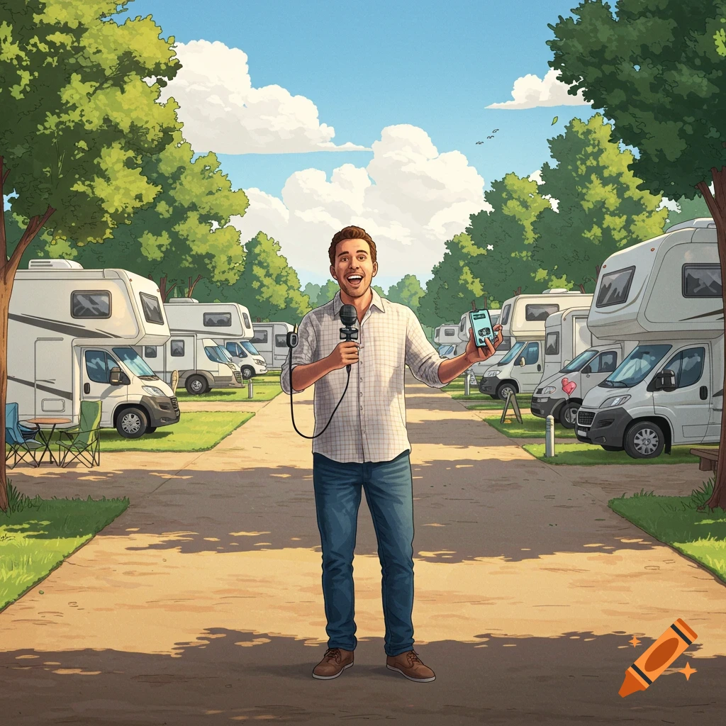 An illustrated man holds a microphone and phone in an RV park with many RVs and trees under a blue sky.
