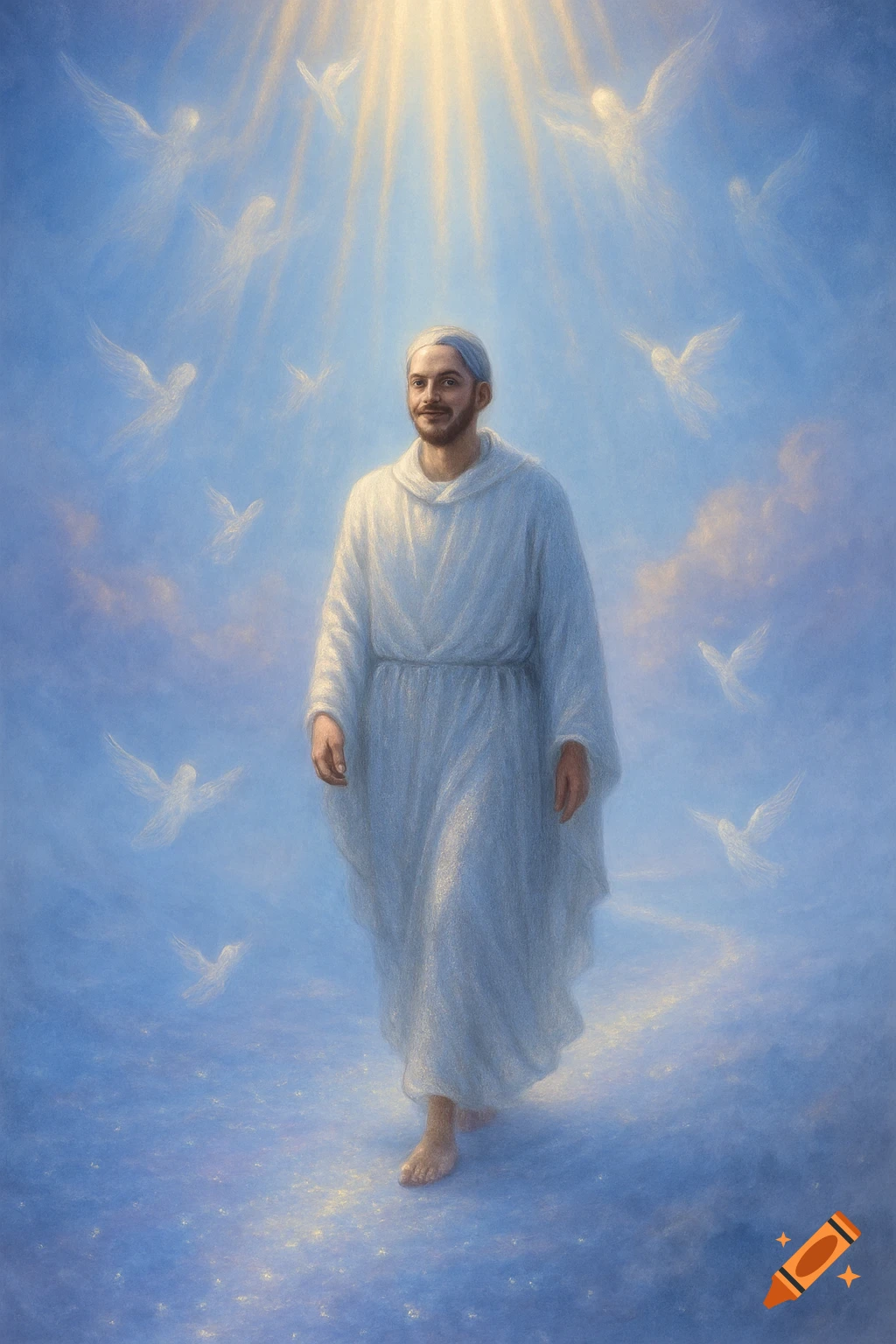 A man in a white robe walks on sparkling clouds with ethereal figures and divine light.