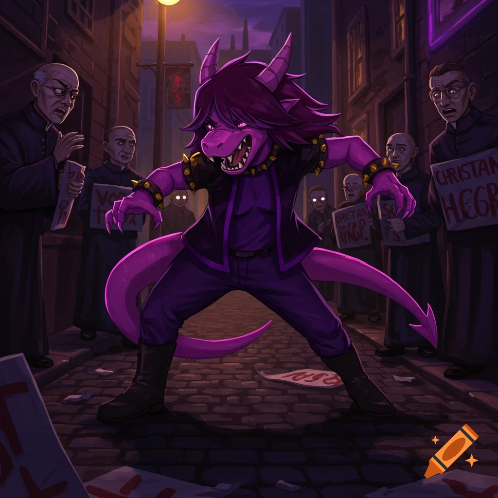 A purple monster, Susie from Deltarune, roars aggressively at shocked men in robes holding protest signs in a dark alley at night.