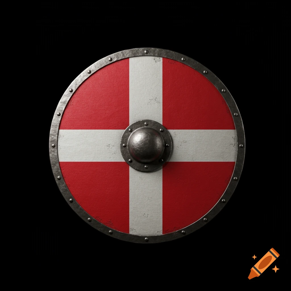 A circular Danish shield with a white cross on a red background, featuring a central metal boss and riveted iron rim, set against a black background.
