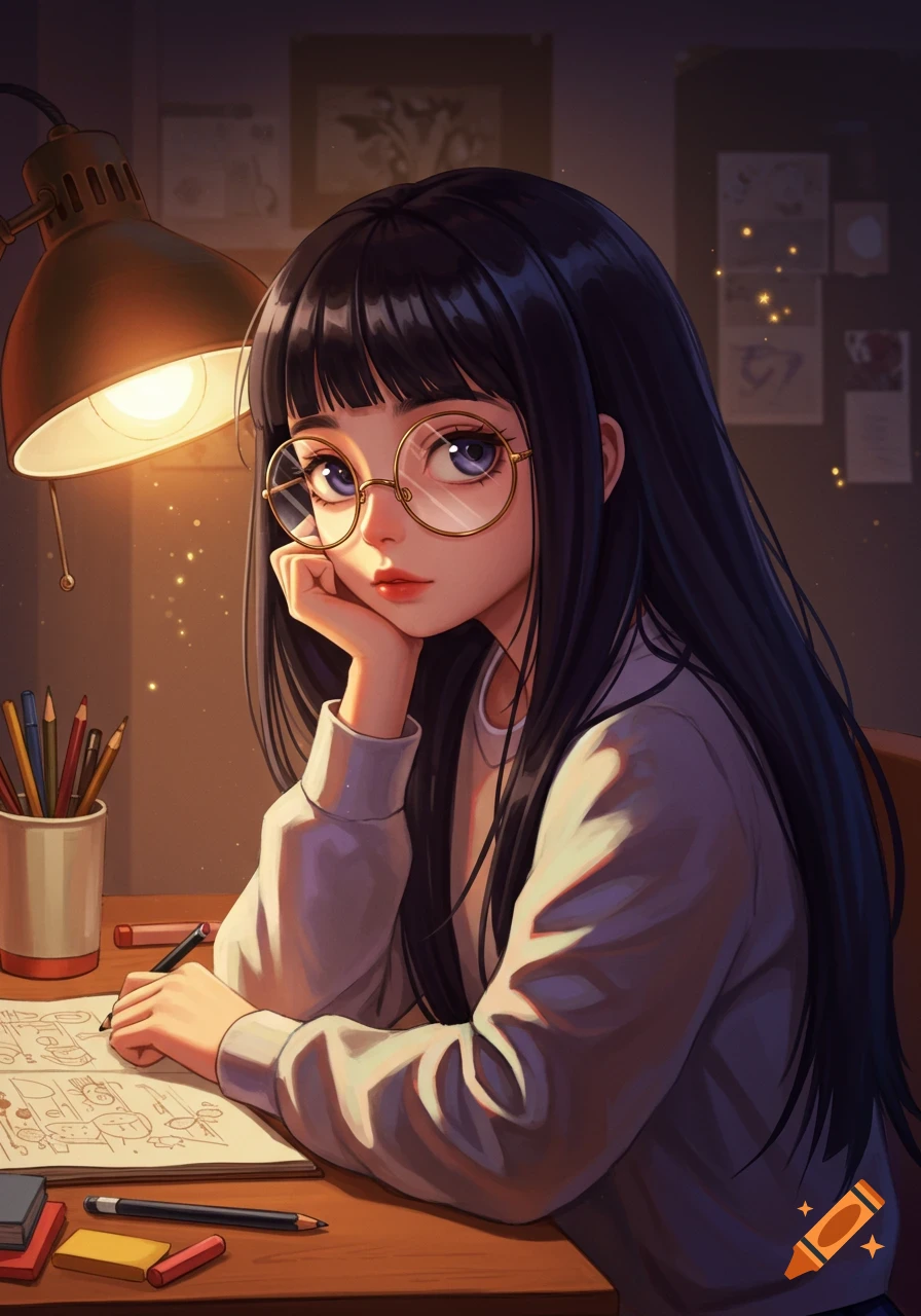 Anime girl with long black hair and glasses drawing at a desk under a warm lamp.