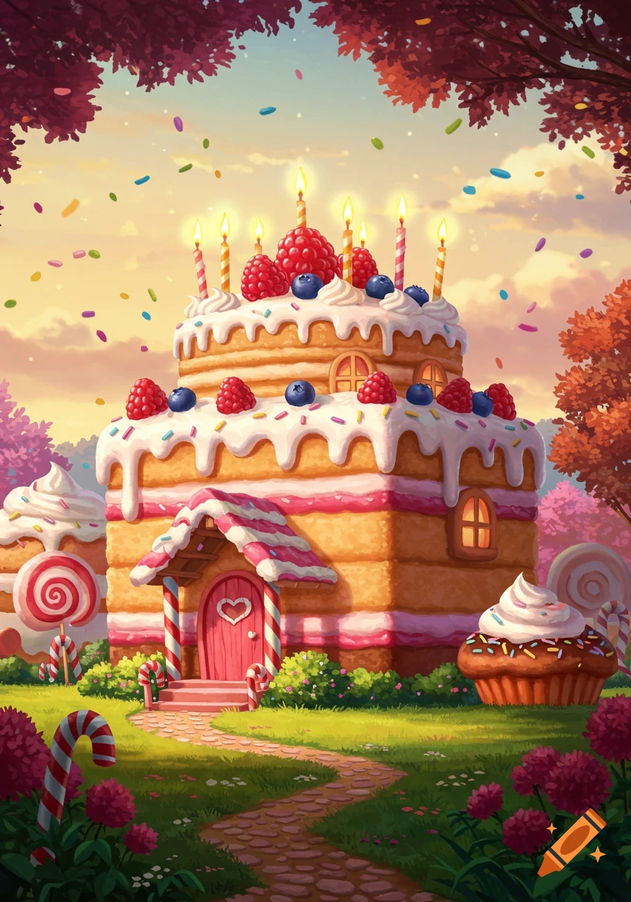 Whimsical illustration of a tiered birthday cake house with candles, berries, and icing, surrounded by candy canes and colorful foliage.