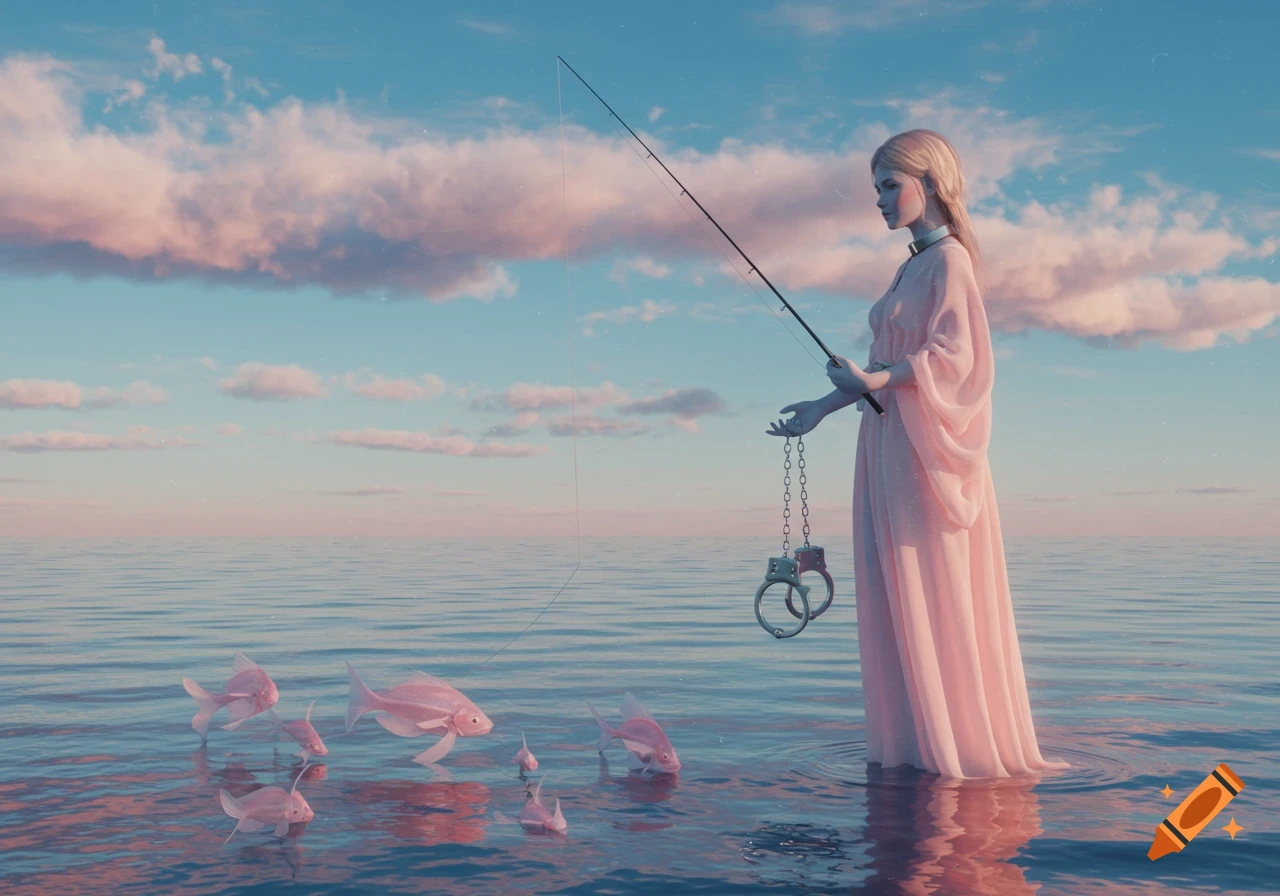 A surreal woman in a pink gown fishes with handcuffs in calm water, surrounded by pink fish under a pastel sky.