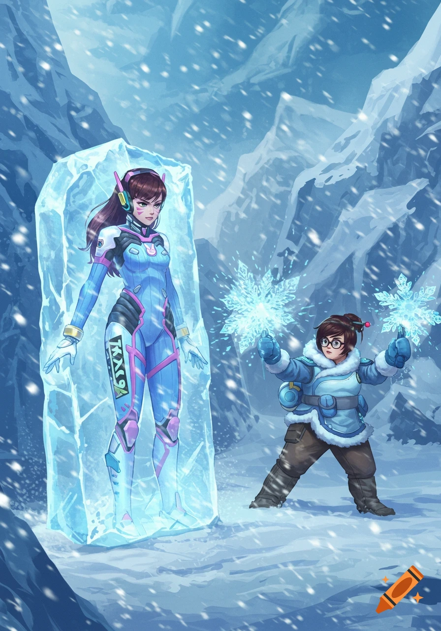 Anime illustration of Mei freezing D.Va in ice on a snowy mountain.