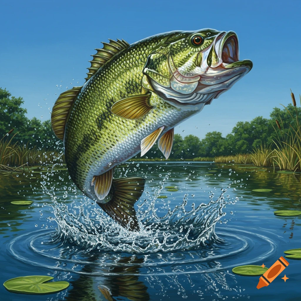 A large green and white bass fish jumps out of a calm lake, creating a splash, with trees and reeds in the background. Photorealistic illustration style.