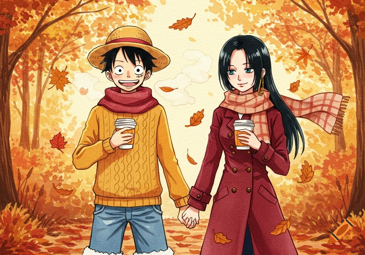 Watercolor painting of anime characters Luffy and Hancock holding hands and drinking lattes in an autumn forest.